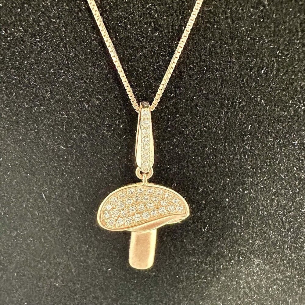 Mushroom Pave Crystals Pendant Necklace 19” Sterling Silver 925 D’JOY Rose Gold